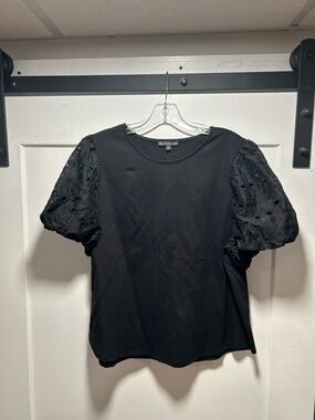 Adrianna Papell Black Eyelet Puff Sleeve Top